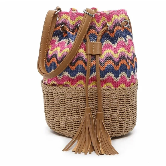 💘CROWN VINTAGE💞 Chevron Print Woven Straw Raffia Bucket Bag💙 Purse boho - Picture 1 of 11